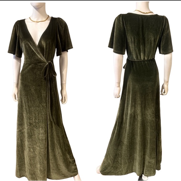 Baltic Born Dresses & Skirts - Baltic Born Meghan Velvet Wrap Maxi Dress in Olive.